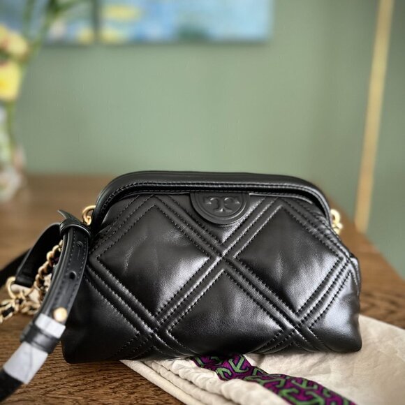 NWT! Tory Burch Fleming Frame Bag -Quilted Crossbody Bag - Small Black Lamb Skin - Picture 4 of 9